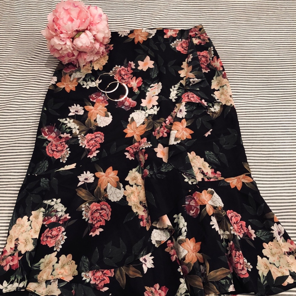 Anthropologie Floral Midi Skirt with Ruffles